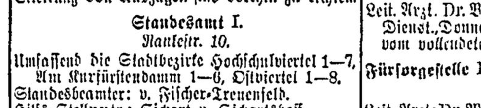 A Fraktur entry from the 1913 Berlin address book reading Standesamt I, Rankestr. 10, covering the city districts Hochschulviertel 1 to 7, Am Kurfürstendamm 1 to 6, Ostviertel 1 to 8, registrar von Fischer-Treuenfeld