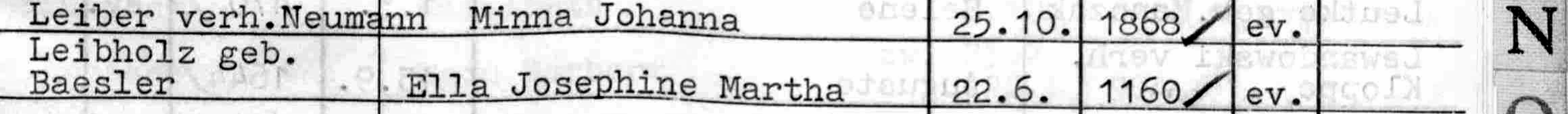 A typed line from the Tiergarten 1974 death index reading Leibholz geb. Baesler, Ella Josephine Martha, 22.6., number 1160, ev.