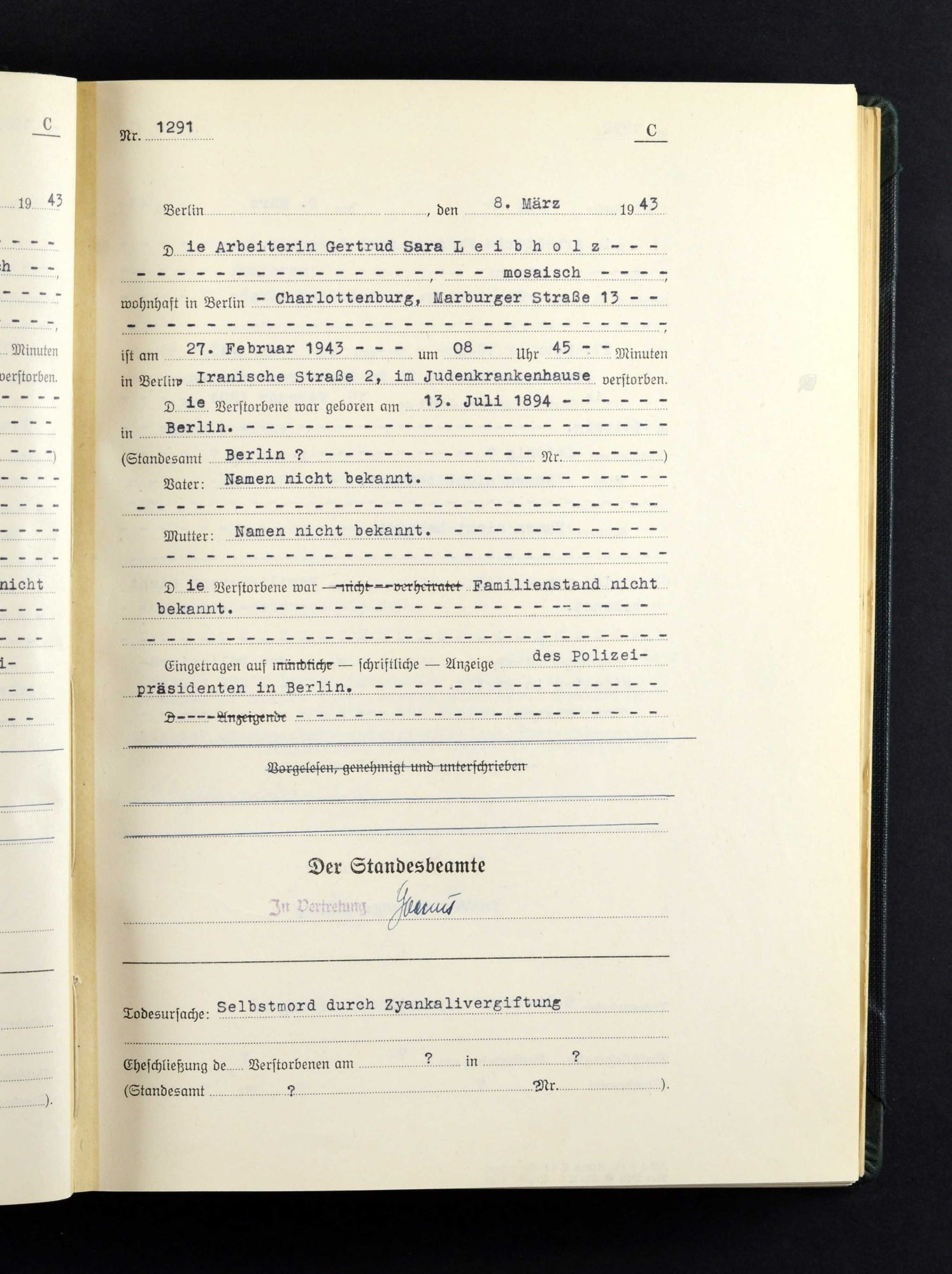 Death register entry no. 1291 of 1943, typed on a printed German form, with the cause of death written at the foot