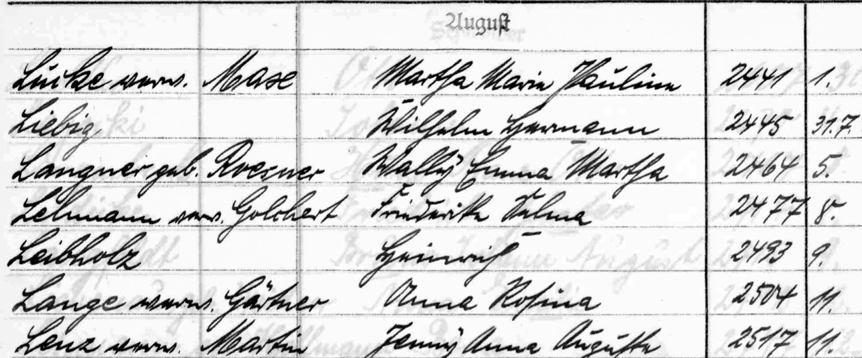A handwritten page of the Kreuzberg 1948 death index under the month heading August, with the line Leibholz, Heinrich, number 2493, day 9, among neighbouring surnames beginning with L