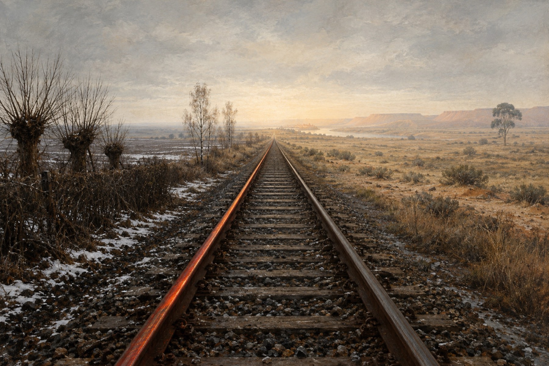 A painted landscape. A railway runs away from the viewer: an English winter in the foreground, thinning birches beyond it, then dry highveld, and a river town at the vanishing point.