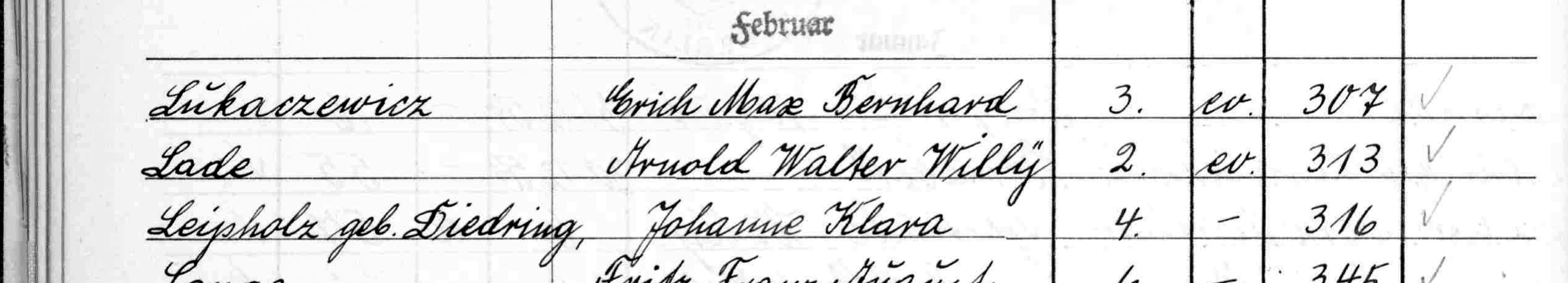 A handwritten page of the Kreuzberg 1960 death index under the month heading Februar, with the line Leipsholz geb. Diedring, Johanne Klara, day 4, a dash in the religion column, number 316