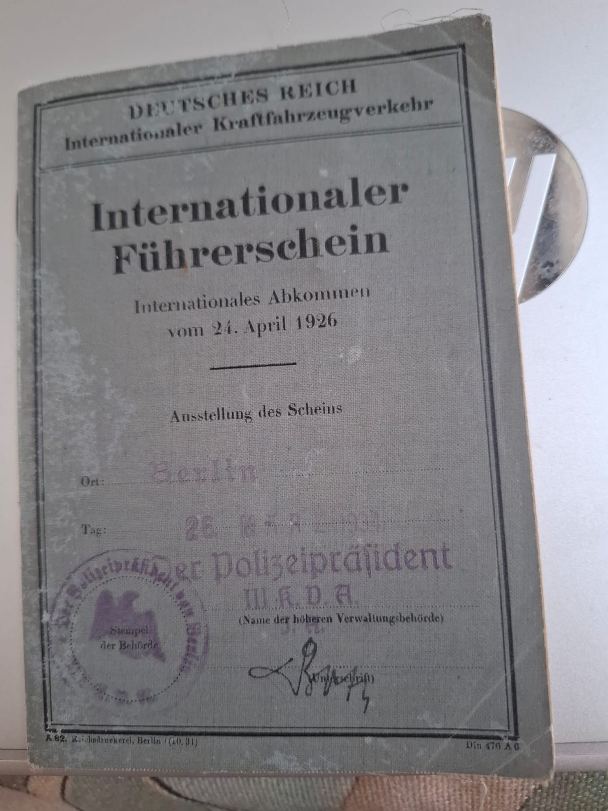 The cover of Kurt Luwinski's International Driving Permit, German Reich, issued at Berlin in 1934