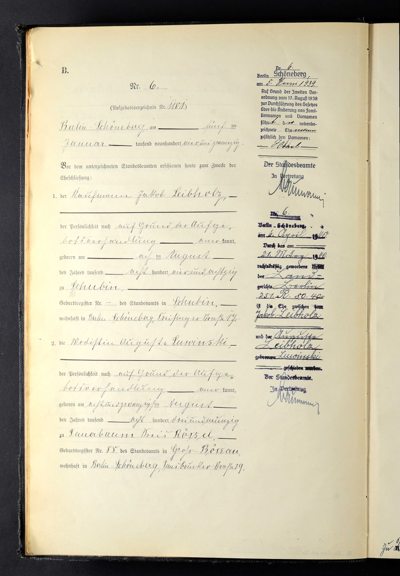 First sheet of the 1924 marriage entry, handwritten in German script on a printed form, with two later notes in the right margin