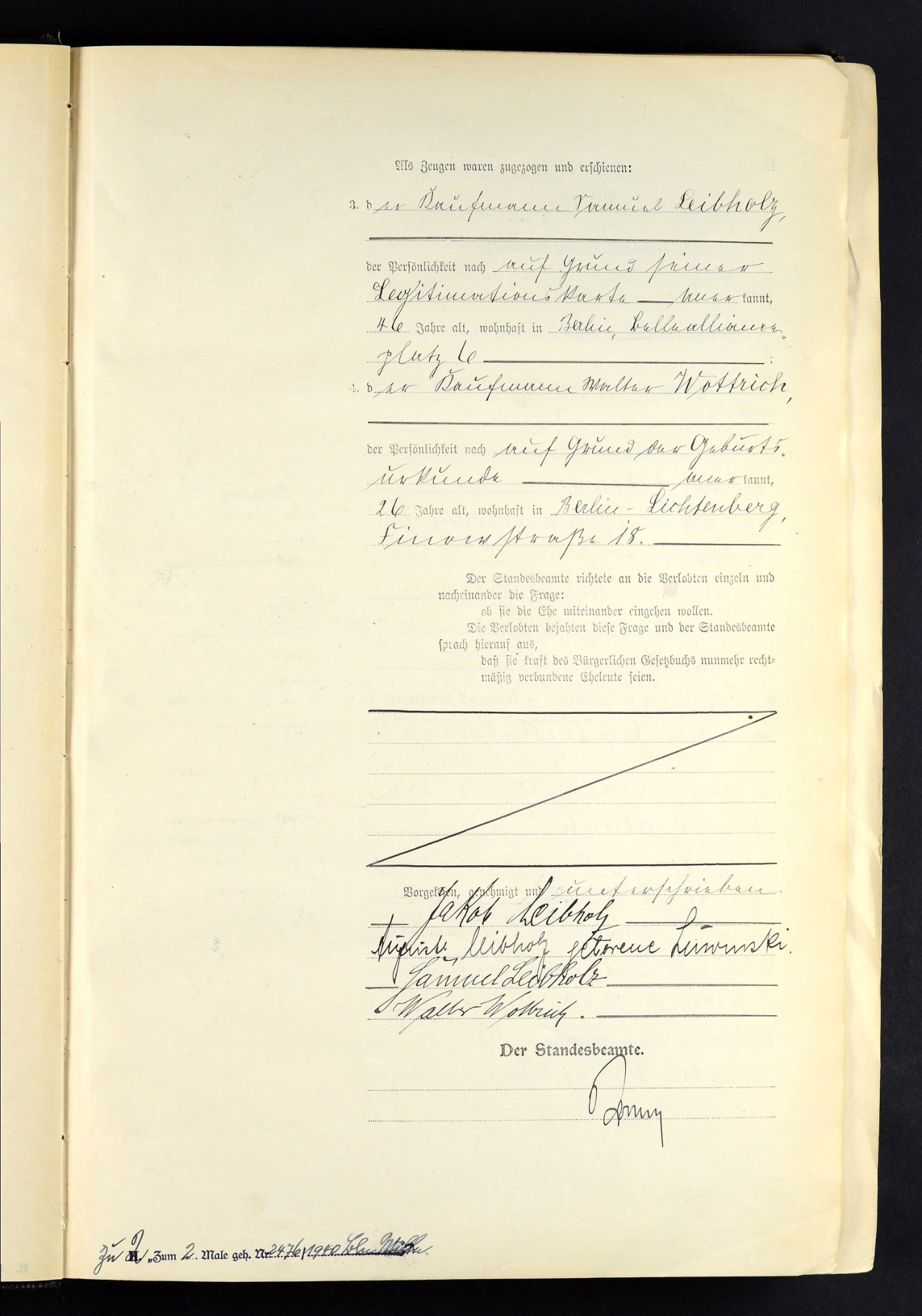 Second sheet of the 1924 marriage entry, naming two witnesses and carrying four signatures