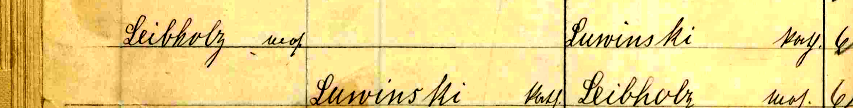 Two lines from a handwritten marriage index: Leibholz mos. married to Luwinski kath., number 6, and the same entry again under Luwinski