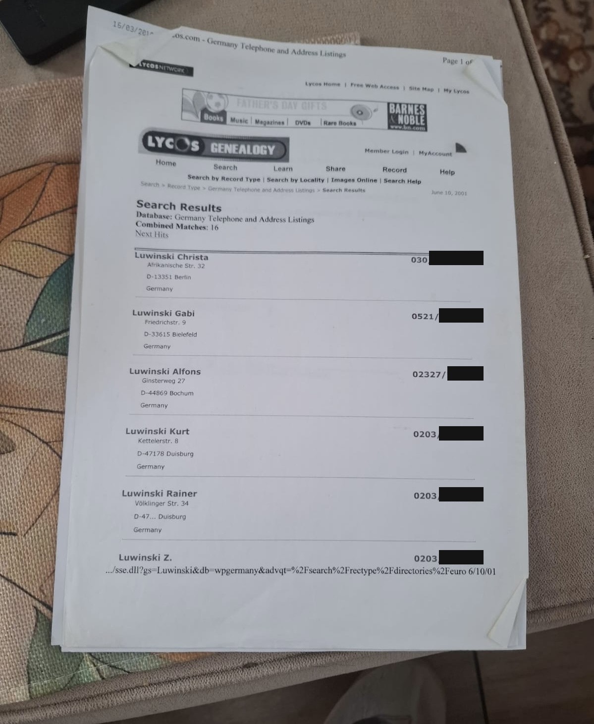 A printout from Lycos Genealogy dated June 2001, listing six Luwinski entries in the German telephone directories