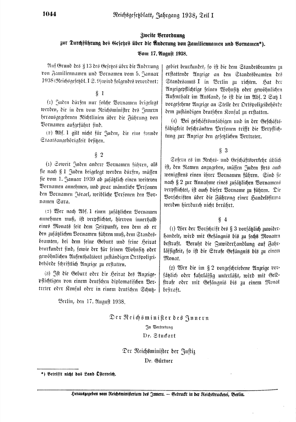 Page 1044 of the Reichsgesetzblatt, Part I, 1938, carrying the Second Decree on the Alteration of Family Names and Forenames of 17 August 1938.