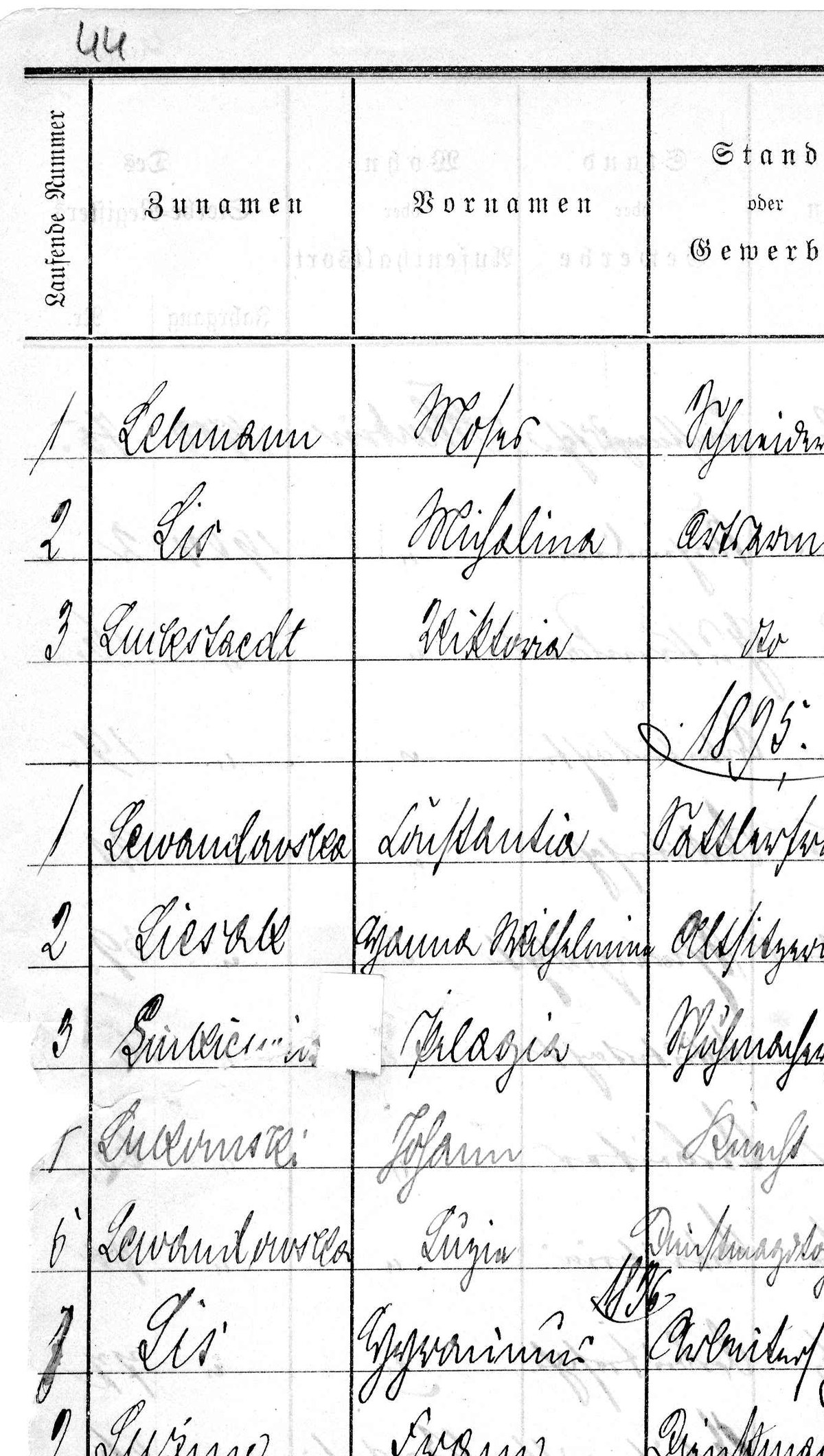 A page of the alphabetical index showing surnames beginning with L, grouped under year headings